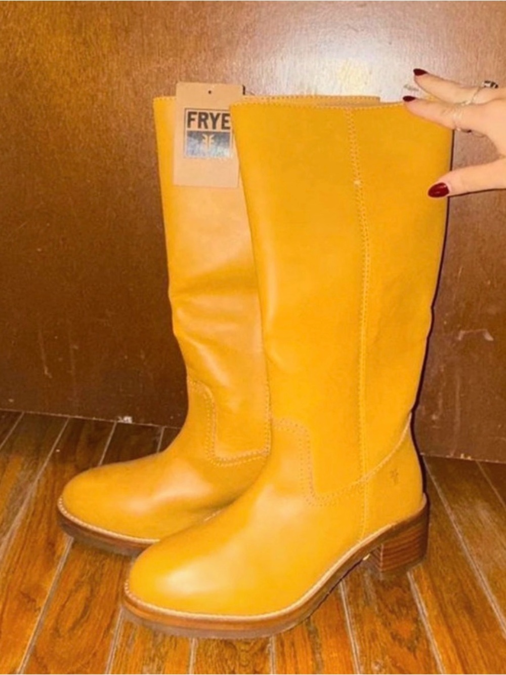 Frye Tall Leather Mid-Heel Boots in Mustard Yellow